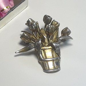 Vintage Flower & Pot Sterling Silver/14Kt YG detailed H&M Pin Brooch #17225